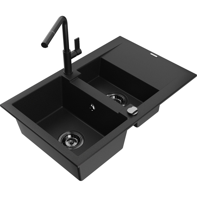Mexen Gaspar granite sink 1.5-bowl with drainer and kitchen faucet Flora, black - 6507-77-670401-70-B