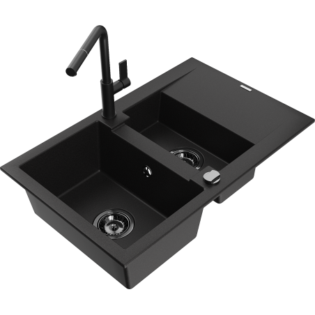 Mexen Gaspar granite sink 1.5-bowl with drainer and Flora kitchen faucet, black - 6507-77-670401-70-B