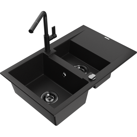 Mexen Gaspar granite sink 1.5-bowl with drainer and Flora kitchen tap, black - 6507-77-670401-70-B