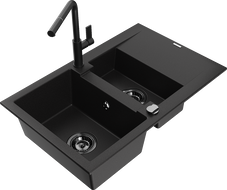 Mexen Gaspar granite sink 1.5-bowl with drainer and Flora kitchen tap, black - 6507-77-670401-70-B