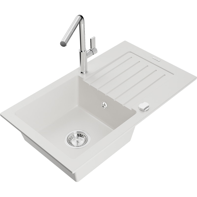 Mexen Pablo granite sink 1-bowl with drainer and kitchen faucet Flora, white - 6510-20-670401-00