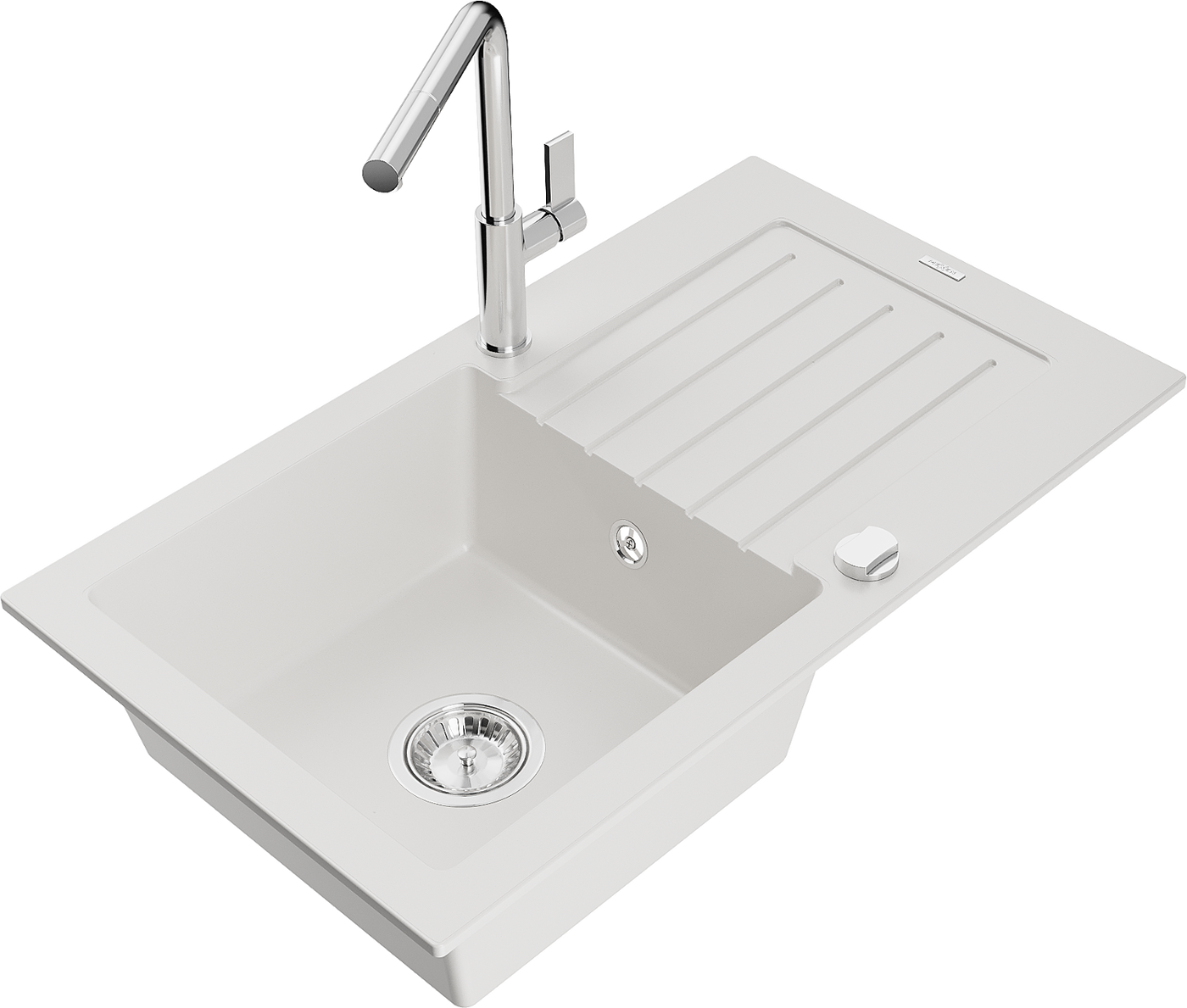 Mexen Pablo 1-compartment granite sink with a drip tray and kitchen mixer tap Flora, White - 6510-20-670401-00