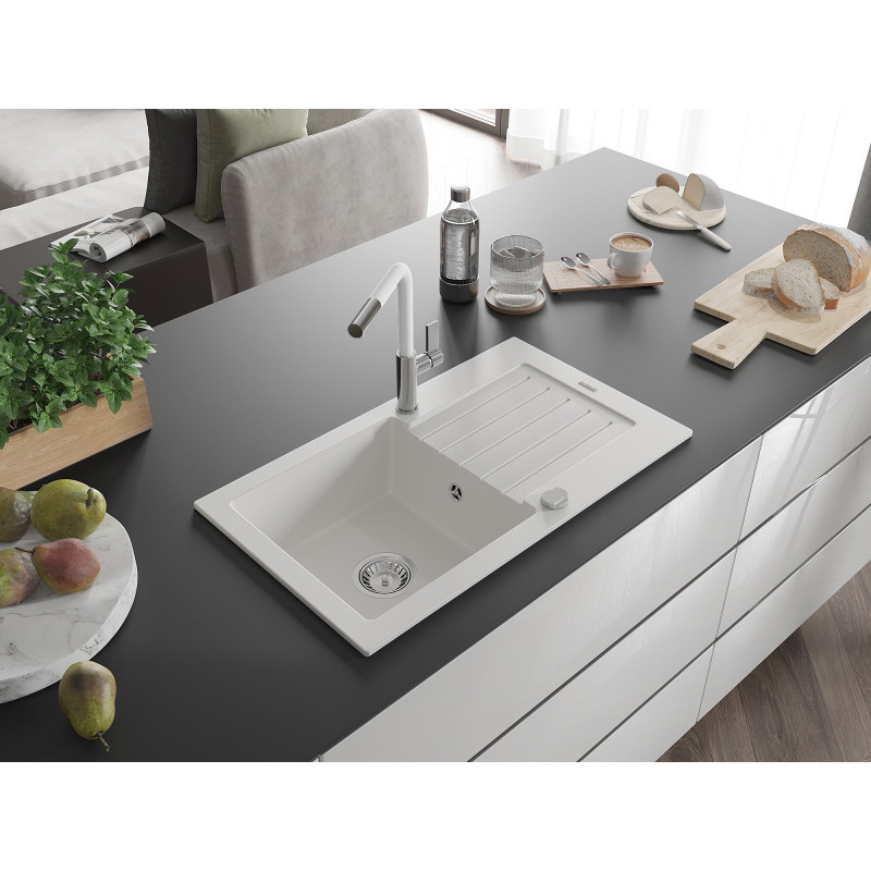 Mexen Pablo granite kitchen sink 1-bowl with drainer and Flora kitchen faucet, white - 6510-20-670401-02