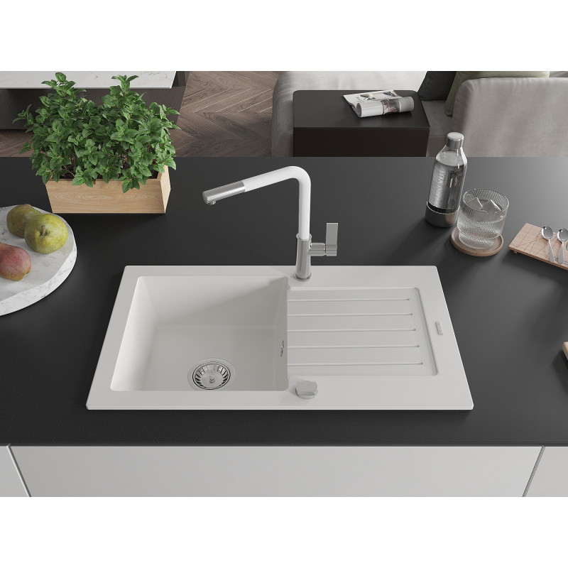 Mexen Pablo granite kitchen sink 1-bowl with drainer and Flora kitchen faucet, white - 6510-20-670401-02