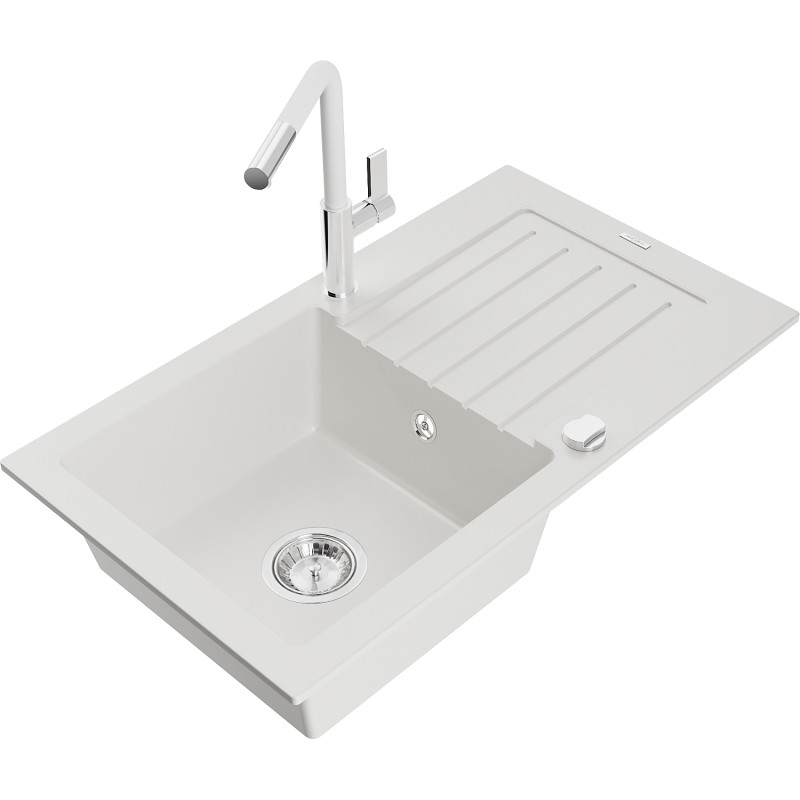 Mexen Pablo granite kitchen sink 1-bowl with drainer and Flora kitchen faucet, white - 6510-20-670401-02