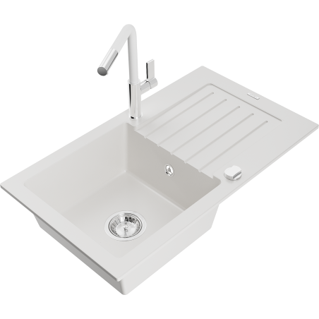 Mexen Pablo 1-bowl granite kitchen sink with drainer and Flora kitchen tap, white - 6510-20-670401-02