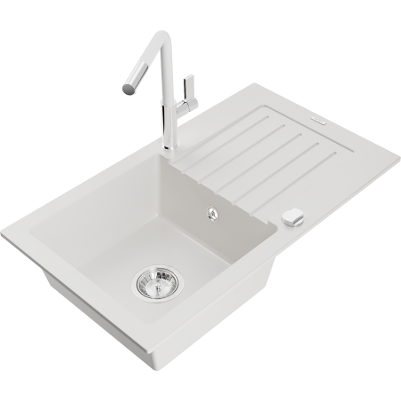 Mexen Pablo 1-compartment granite sink with a drip tray and kitchen mixer tap Flora, White - 6510-20-670401-02