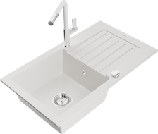 Mexen Pablo granite single-bowl sink with drainer and Flora kitchen faucet, white - 6510-20-670401-02