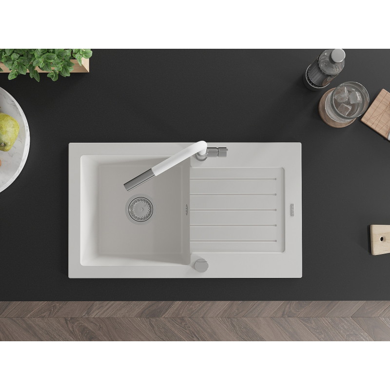 Mexen Pablo granite single-bowl sink with drainer and Flora kitchen faucet, white - 6510-20-670401-02