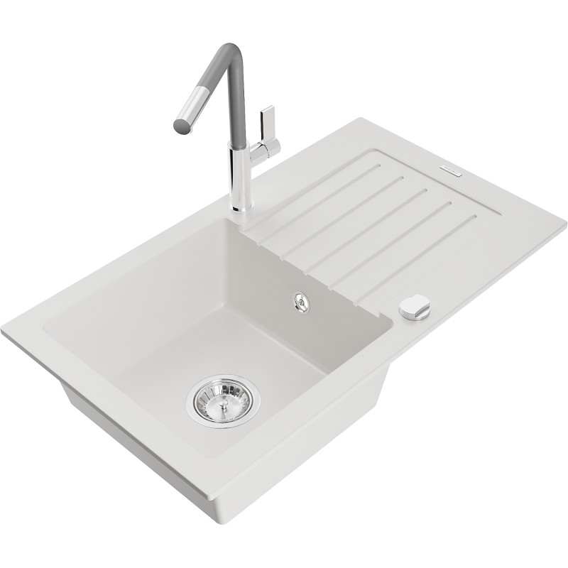 Mexen Pablo granite kitchen sink 1-bowl with drainer and Flora kitchen faucet, white - 6510-20-670401-06
