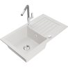 Mexen Pablo 1-bowl granite sink with drainer and Flora kitchen faucet, white - 6510-20-670401-06