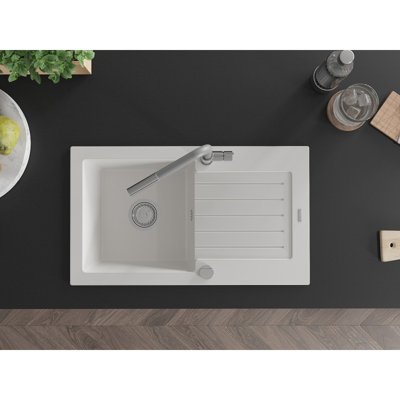 Mexen Pablo granite kitchen sink 1-bowl with drainer and Flora kitchen faucet, white - 6510-20-670401-06