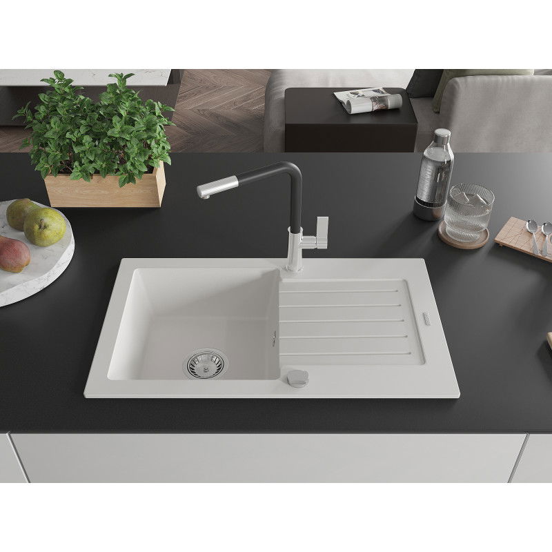 Mexen Pablo 1-bowl granite sink with drainer and Flora kitchen tap, white - 6510-20-670401-07