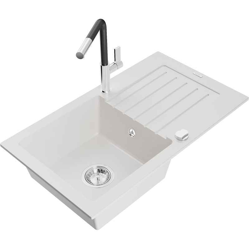 Mexen Pablo 1-compartment granite sink with a drip tray and kitchen mixer tap Flora, White - 6510-20-670401-07