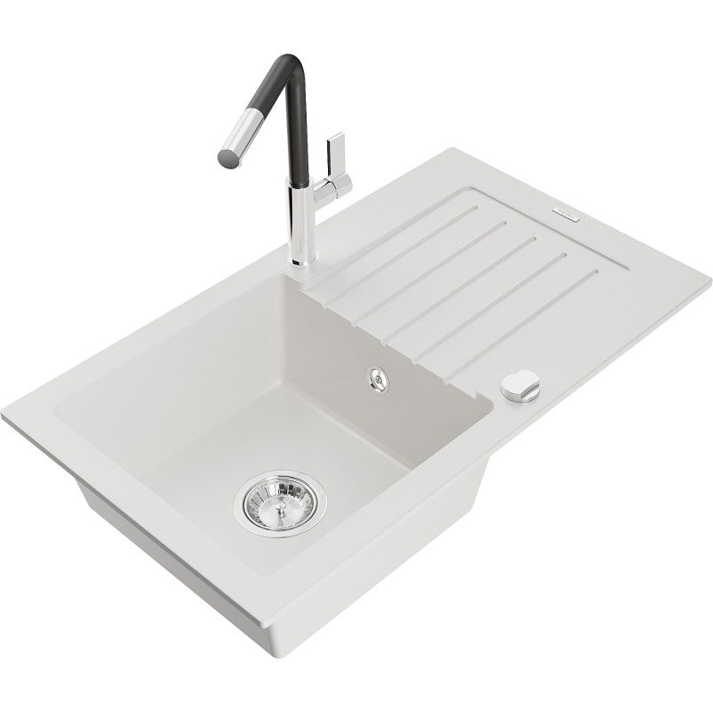 Mexen Pablo Granite Kitchen Sink 1-Bowl with Drainer and Flora Kitchen Faucet, White - 6510-20-670401-07
