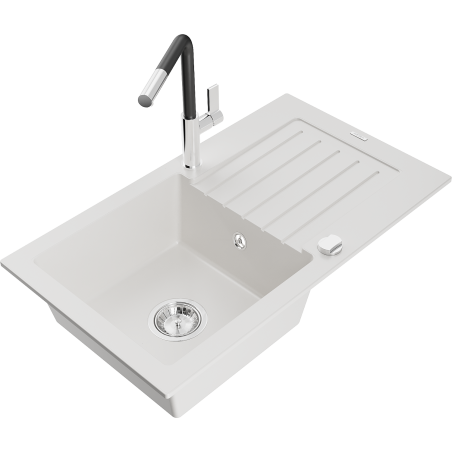 Mexen Pablo Granite Kitchen Sink 1-Bowl with Drainer and Flora Kitchen Faucet, White - 6510-20-670401-07