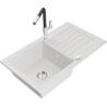 Mexen Pablo Granite Kitchen Sink 1-Bowl with Drainer and Flora Kitchen Faucet, White - 6510-20-670401-07