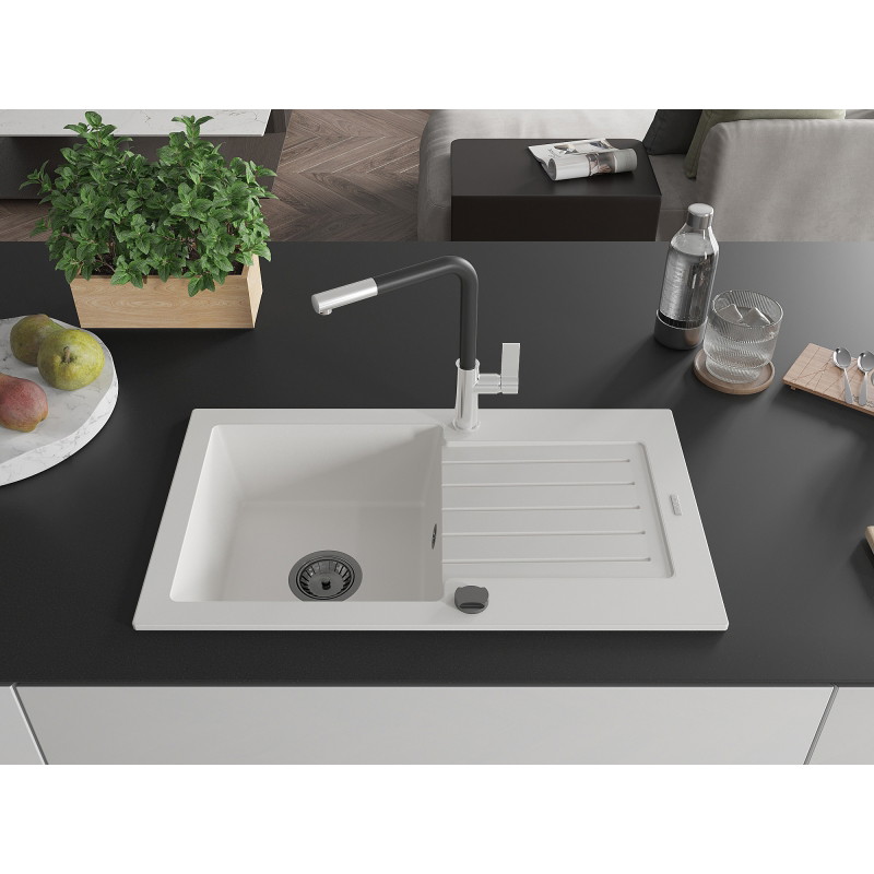 Mexen Pablo 1-Bowl Granite Sink with Drainer and Flora Kitchen Faucet, White - 6510-20-670401-07-B