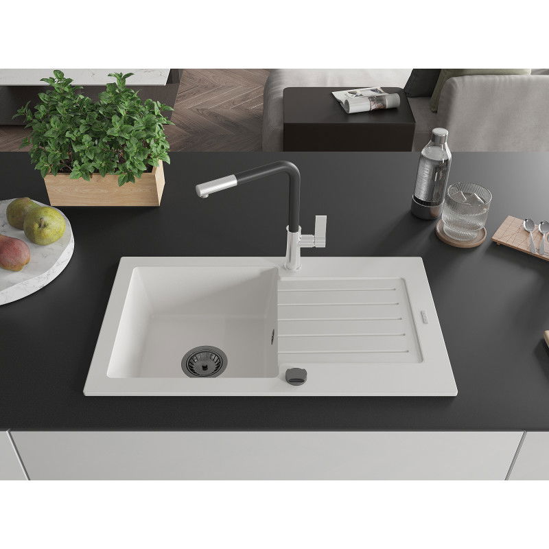 Mexen Pablo Granite Sink 1-Bowl with Drainer and Flora Kitchen Mixer Tap, White - 6510-20-670401-07-B