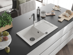 Mexen Pablo 1-Bowl Granite Sink with Drainer and Flora Kitchen Faucet, White - 6510-20-670401-07-B