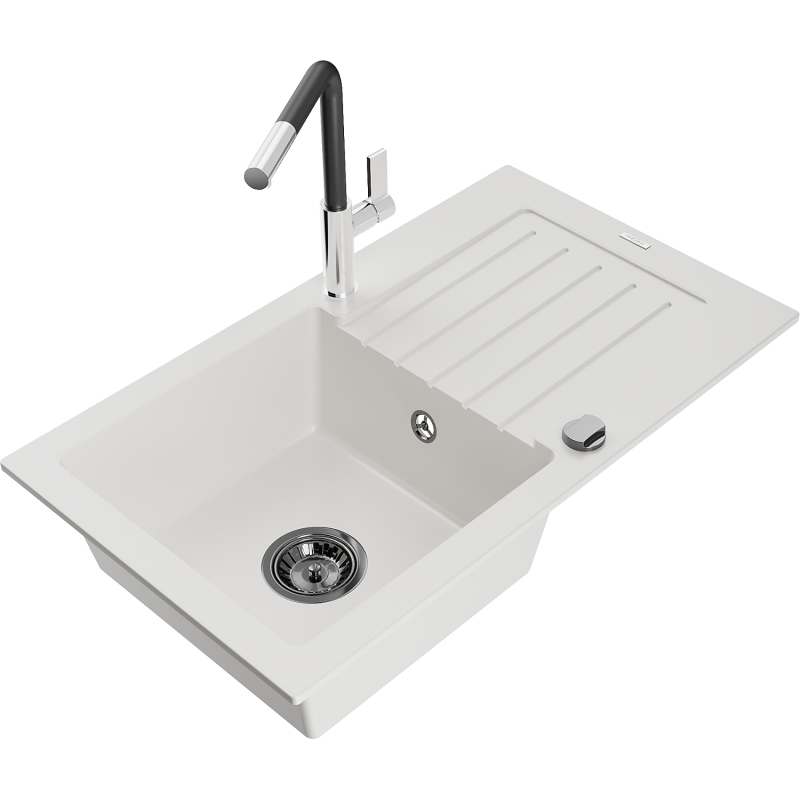 Mexen Pablo 1-compartment granite sink with a drip tray and kitchen mixer tap Flora, White - 6510-20-670401-07-B