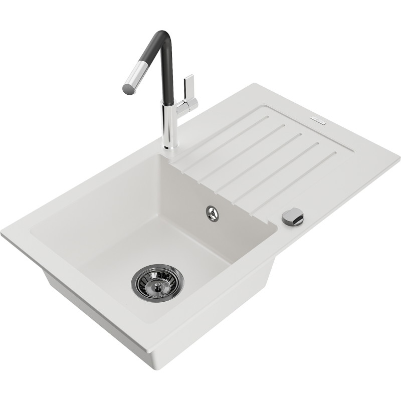 Mexen Pablo granite kitchen sink single-bowl with drainer and Flora kitchen faucet, white - 6510-20-670401-07-B
