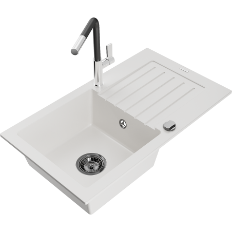 Mexen Pablo 1-compartment granite sink with a drip tray and kitchen mixer tap Flora, White - 6510-20-670401-07-B