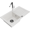 Mexen Pablo 1-compartment granite sink with a drip tray and kitchen mixer tap Flora, White - 6510-20-670401-07-B