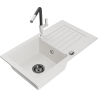 Mexen Pablo granite kitchen sink single-bowl with drainer and Flora kitchen faucet, white - 6510-20-670401-07-B