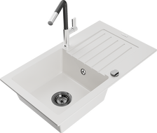 Mexen Pablo 1-Bowl Granite Sink with Drainer and Flora Kitchen Faucet, White - 6510-20-670401-07-B