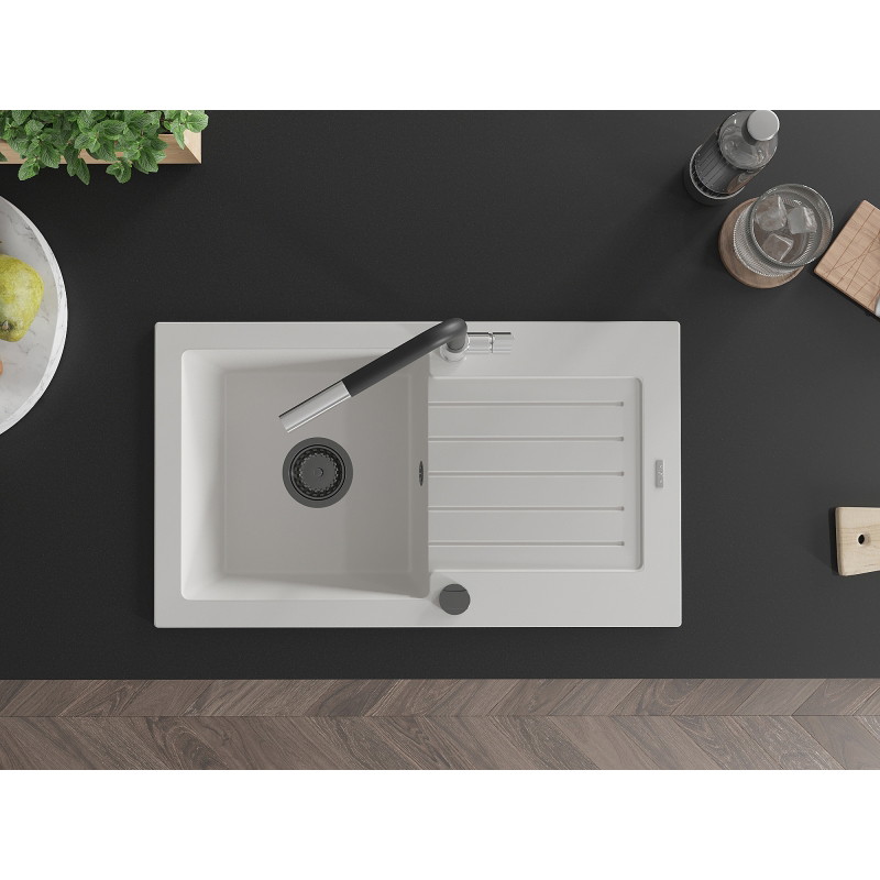 Mexen Pablo granite kitchen sink single-bowl with drainer and Flora kitchen faucet, white - 6510-20-670401-07-B
