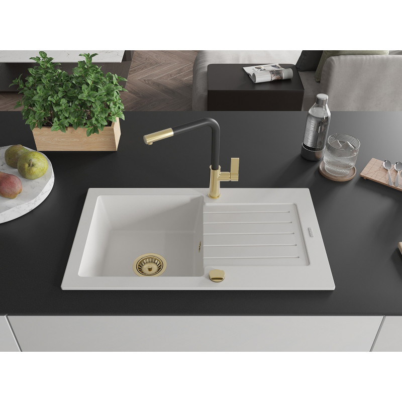 Mexen Pablo 1-bowl granite sink with drainer and Flora kitchen faucet, white - 6510-20-670401-57-G
