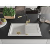 Mexen Pablo 1-bowl granite sink with drainer and Flora kitchen faucet, white - 6510-20-670401-57-G