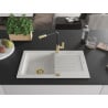 Mexen Pablo granite sink 1-bowl with drainer and Flora kitchen tap, white - 6510-20-670401-57-G