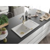 Mexen Pablo granite kitchen sink 1-bowl with drainer and Flora kitchen faucet, white - 6510-20-670401-57-G