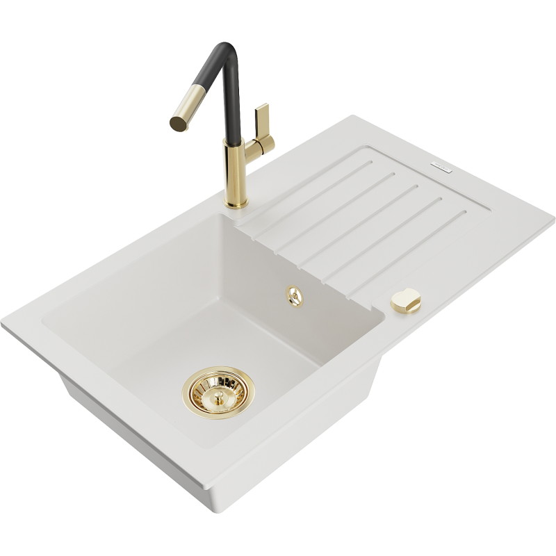 Mexen Pablo 1-bowl granite sink with drainer and Flora kitchen faucet, white - 6510-20-670401-57-G