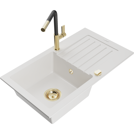 Mexen Pablo 1-compartment granite sink with a drip tray and kitchen mixer tap Flora, White - 6510-20-670401-57-G