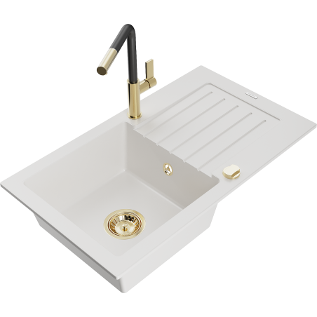 Mexen Pablo granite sink 1-bowl with drainer and Flora kitchen tap, white - 6510-20-670401-57-G