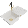 Mexen Pablo 1-bowl granite sink with drainer and Flora kitchen faucet, white - 6510-20-670401-57-G