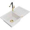 Mexen Pablo granite kitchen sink 1-bowl with drainer and Flora kitchen faucet, white - 6510-20-670401-57-G