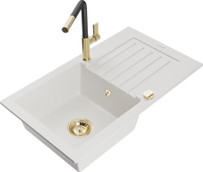 Mexen Pablo granite kitchen sink 1-bowl with drainer and Flora kitchen faucet, white - 6510-20-670401-57-G