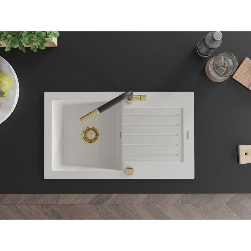 Mexen Pablo 1-bowl granite sink with drainer and Flora kitchen faucet, white - 6510-20-670401-57-G