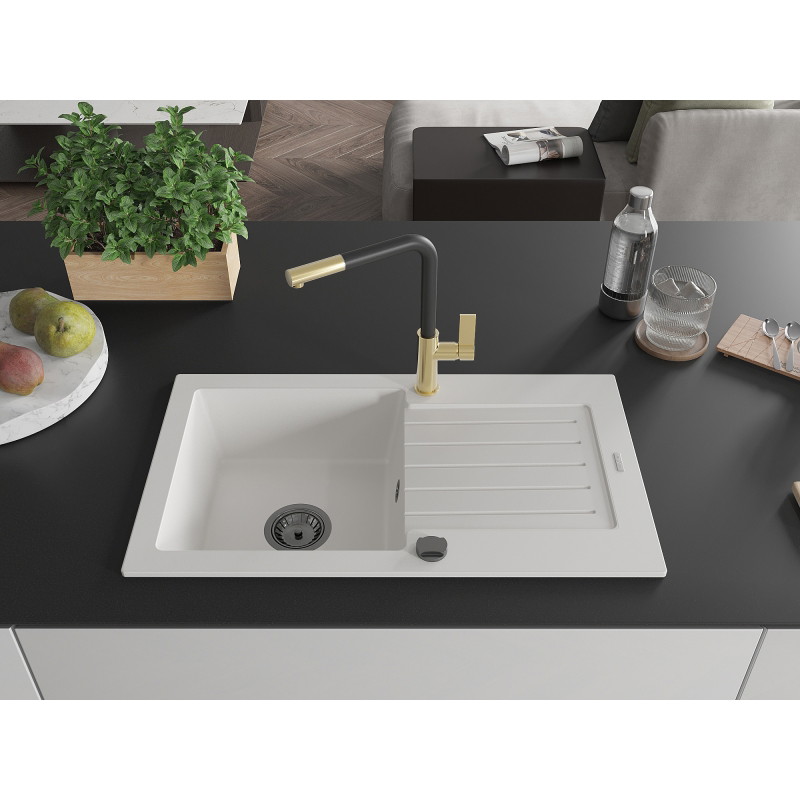 Mexen Pablo 1-bowl granite sink with drainer and Flora kitchen faucet, white - 6510-20-670401-57-B