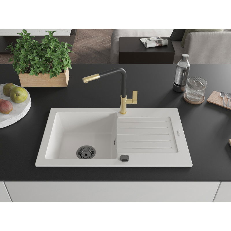 Mexen Pablo 1-bowl granite sink with drainer and Flora kitchen tap, white - 6510-20-670401-57-B