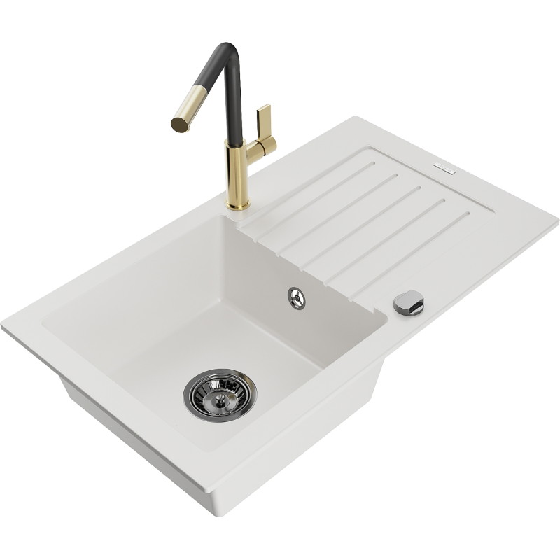 Mexen Pablo 1-bowl granite sink with drainer and Flora kitchen faucet, white - 6510-20-670401-57-B