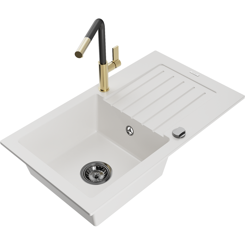 Mexen Pablo 1-compartment granite sink with a drip tray and kitchen mixer tap Flora, White - 6510-20-670401-57-B