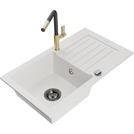 Mexen Pablo 1-bowl granite sink with drainer and Flora kitchen tap, white - 6510-20-670401-57-B