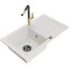 Mexen Pablo 1-bowl granite sink with drainer and Flora kitchen faucet, white - 6510-20-670401-57-B
