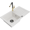 Mexen Pablo 1-compartment granite sink with a drip tray and kitchen mixer tap Flora, White - 6510-20-670401-57-B