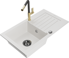 Mexen Pablo granite kitchen sink 1-compartment with drainer and Flora kitchen faucet, white - 6510-20-670401-57-B